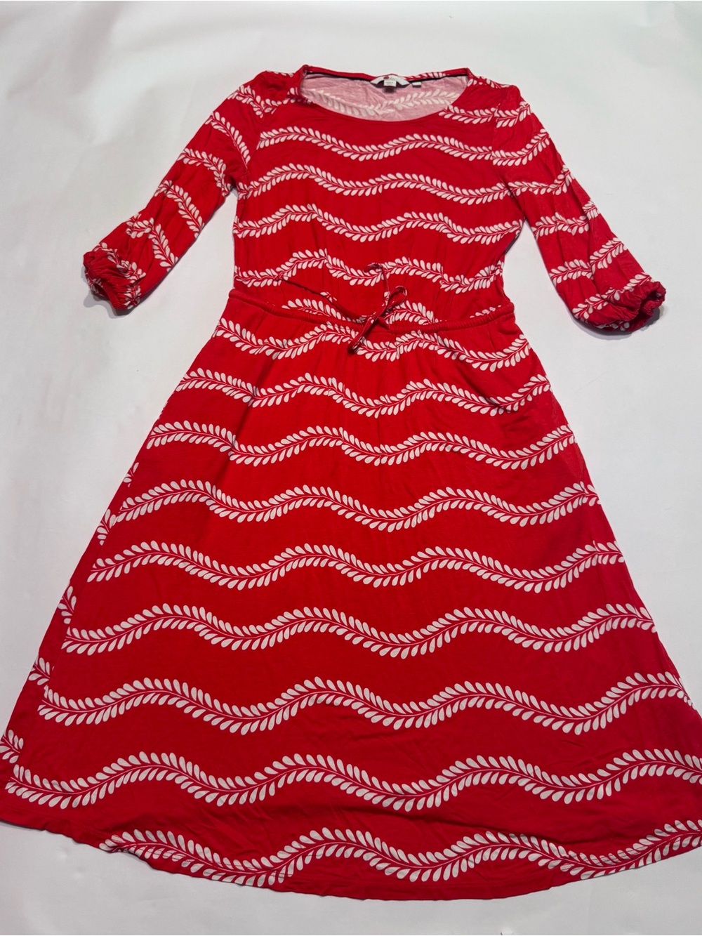 oden Talia Jersey Dress Red White Long Sleeve Cinch Tie Waist Classic 4 Long - Picture 2 of 7